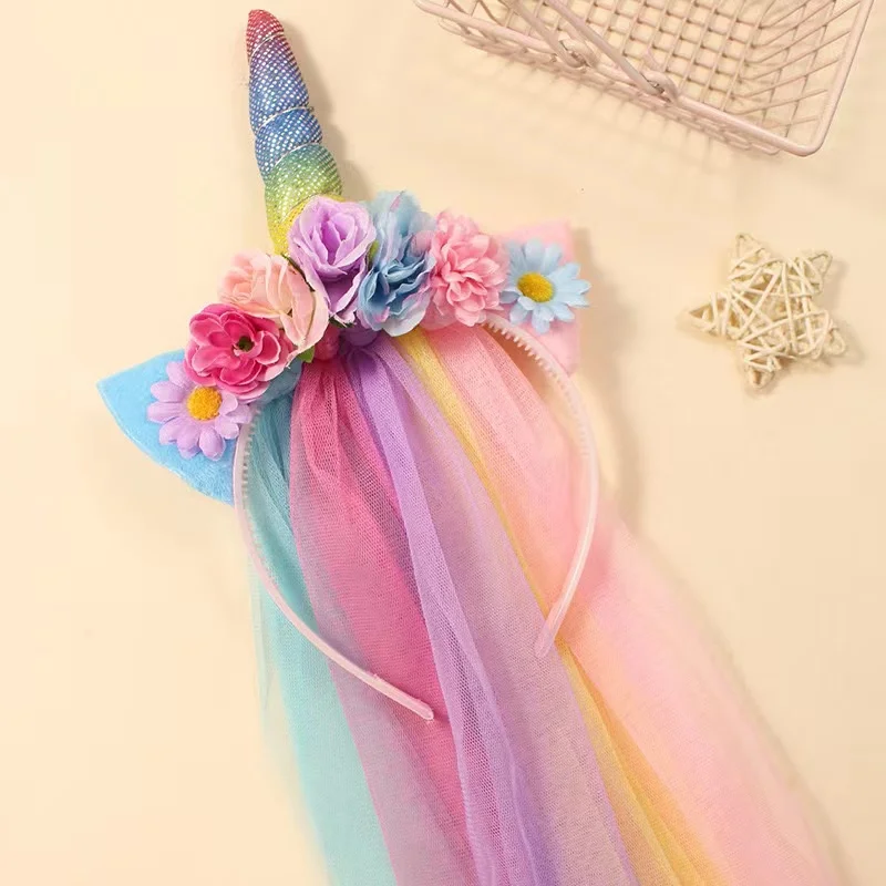 1 mesh rainbow Unicorn headband Princess Gradient Flow Sue Lace female headband Flower headband veil headband