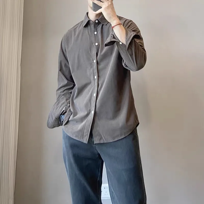 Autumn Winter Solid Color Lapel Shirt Men's Shirt Long Sleeved Loose Casual Shirt Versatile Social Street Shirts Men's Clothing