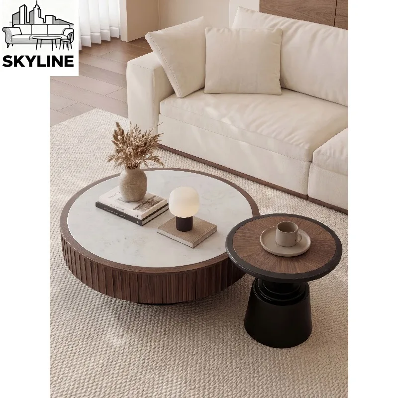 Extendable Round Marble Coffee Table, Space-Saving Side Table for Small Living Rooms