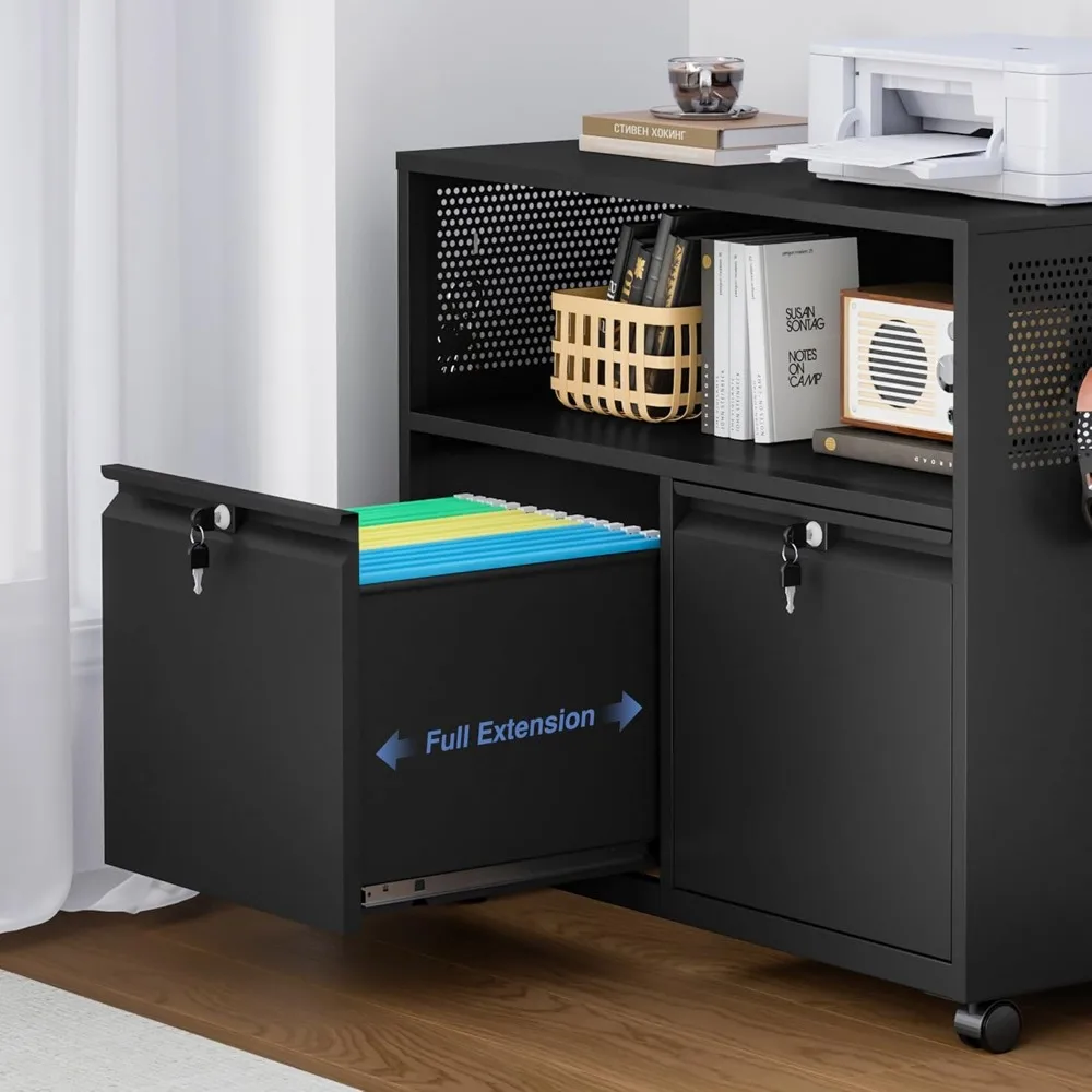 خزانة ملفات معدنية ذات درجين مع قفل، وخزانة تخزين بحامل الطابعة الدوارة مع أرفف للمكتب المنزلي، وحجم الحروف