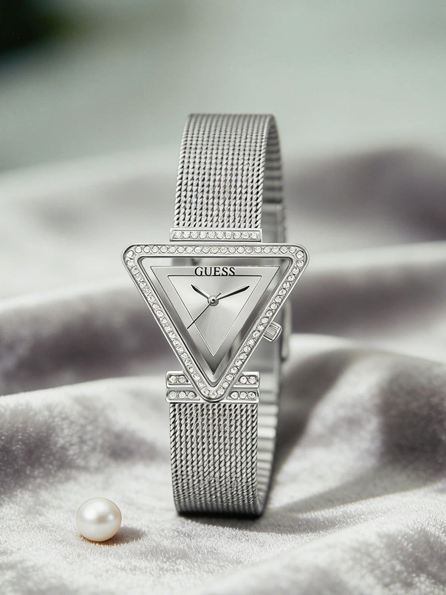 GUESS GW0508L1 Women Quartz Watch Triangle Crystal Dial Silver Mesh Band Wristwatch Dating Party Anniversary Gift