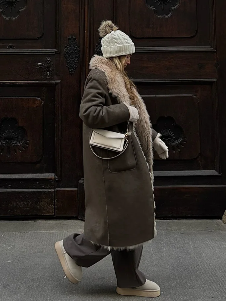 Damski płaszcz dwustronny z efektem sztucznego futra, długi rękaw, kieszenie, klapy, zapinany na jeden guzik, ciepła odzież wierzchnia damska, styl casual.