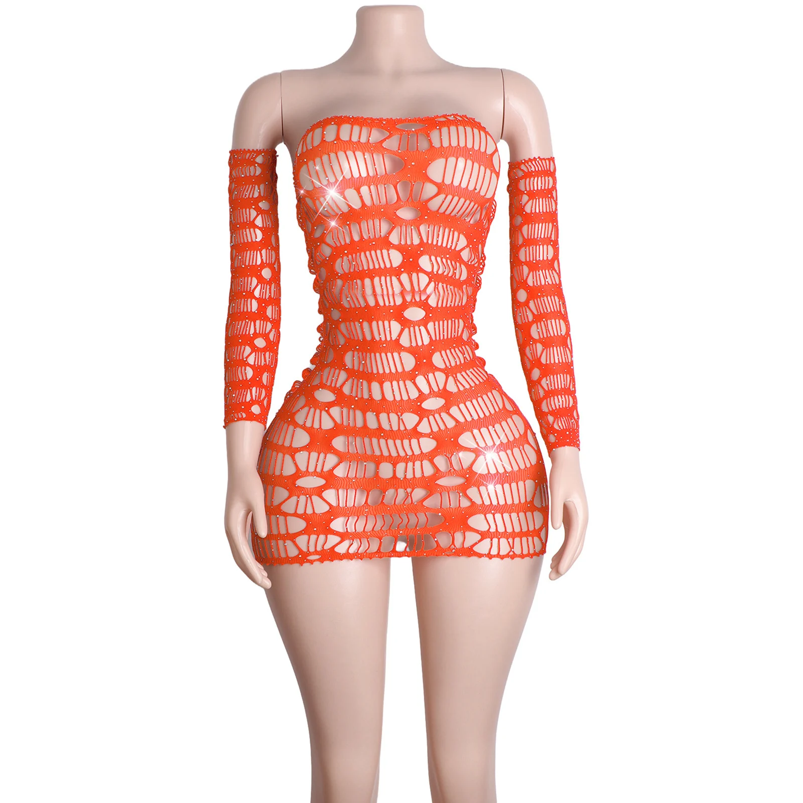 Mesh Fishnet Rock Dessous Strass Ärmeln Elegantes Performance Kleid Clubwear Sexy Party Bühne Outfit Nacht Show