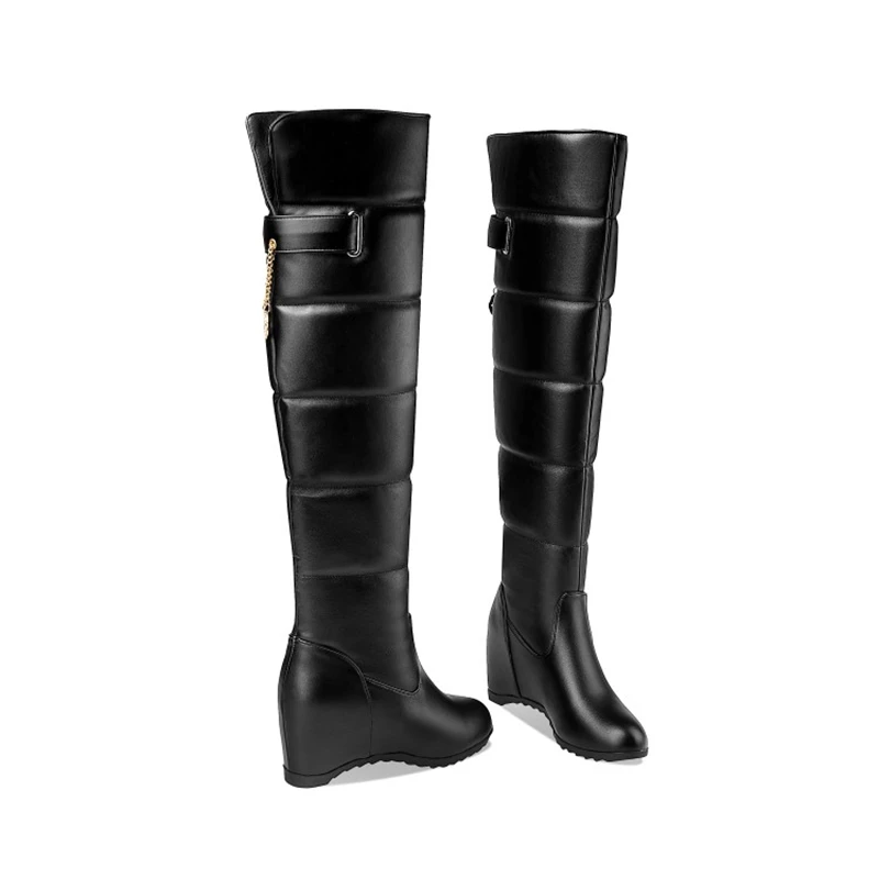 Girseaby Ladies Wedge Heel Over Knee Boots Slip On Hidden Heel Big Size 44 Party Warm Winter Plush Black F1291