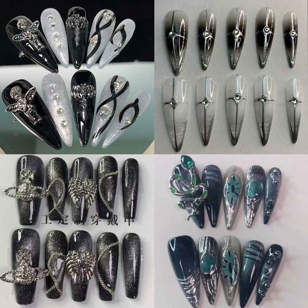 

20Pcs Gothic Dark Spicy Girl Style Handmade Press On Nails Art Long Almond Diamond Punk Metal Wearable Artificial False Nail