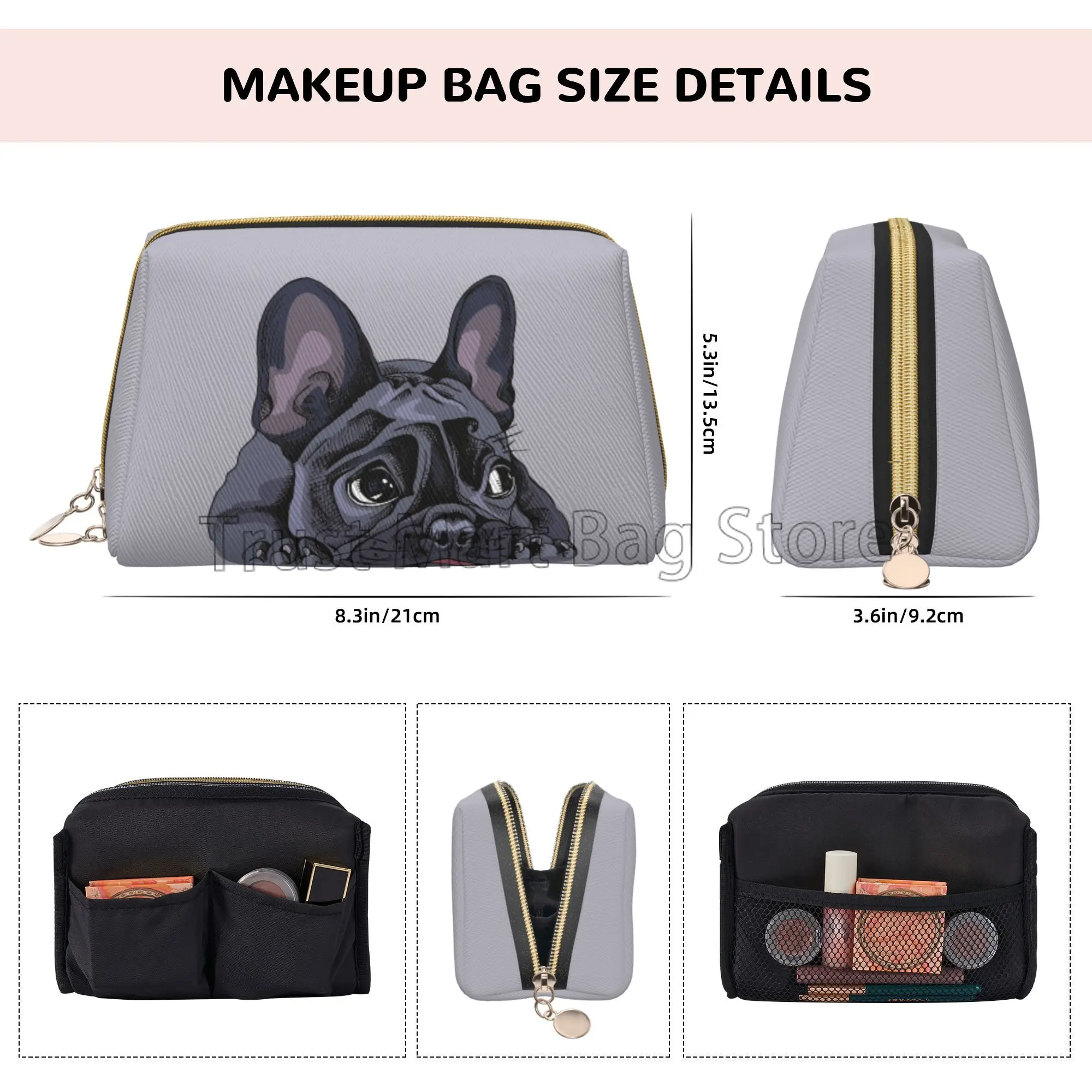 French Bulldog Art Print Cosmetic Bag Women Cute Leather Makeup Bag Large Capacity Travel Pouch Bags Zipper Makeup Organizer