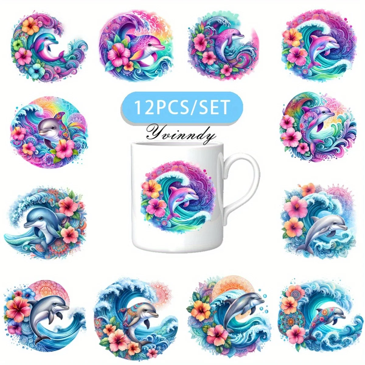 12 Stück/Set Marine Blumen Delfin DIY Hellbeige Tumbler-Wraps Dekorative Transferfolie UV DTF Hochhaftende Aufkleber