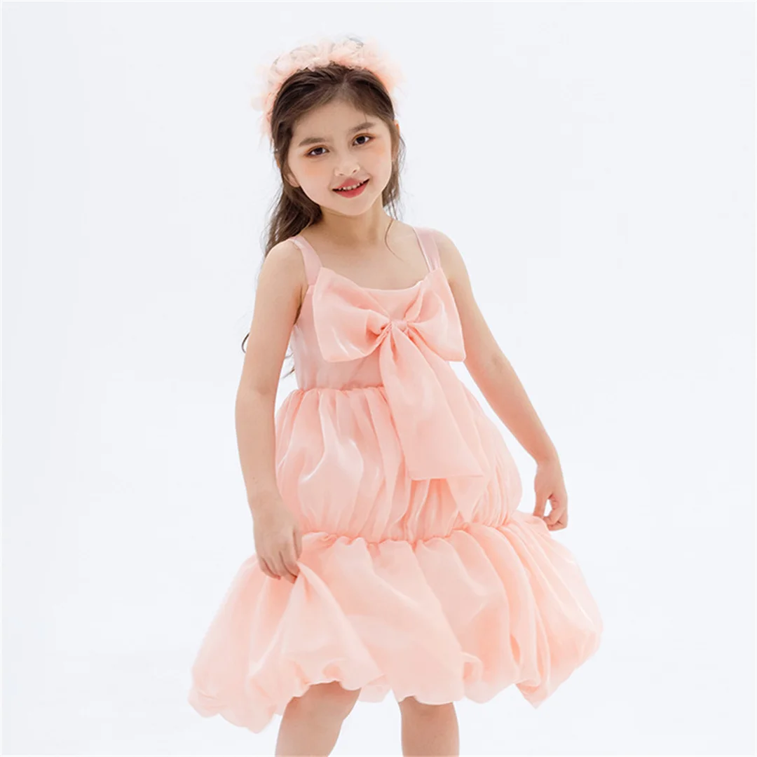 Kids Dresses for Baby Girls Birthday Wedding Party Bow Knot Tutu Sparkling Pink Sleeveless Cute Layered Dress Children's Clothes