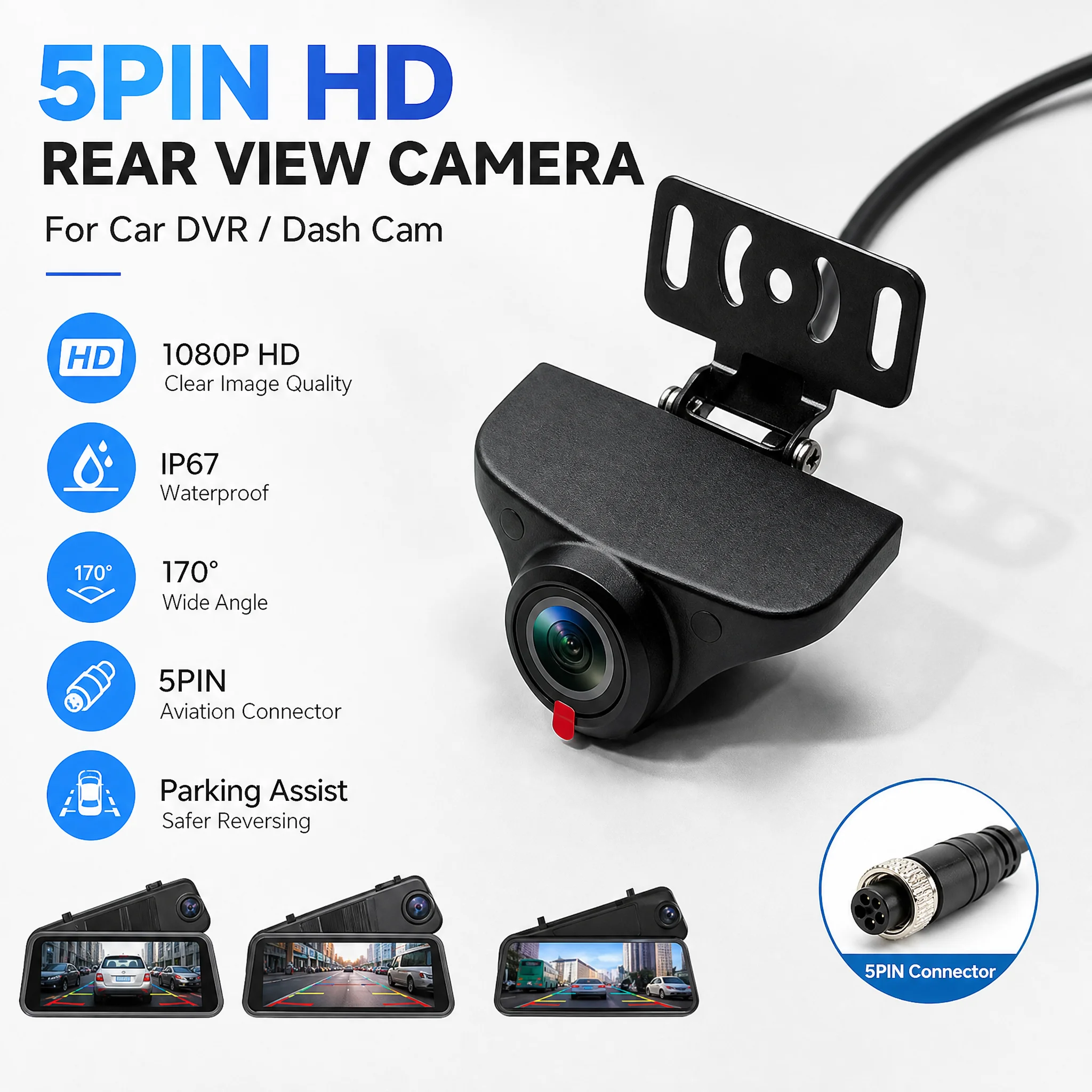 Driving Car Rearview Camera 5-Pin Wide-Angle 170-Degree Parking Camera Reversing Camera Waterproof Night Vision Video Recorder