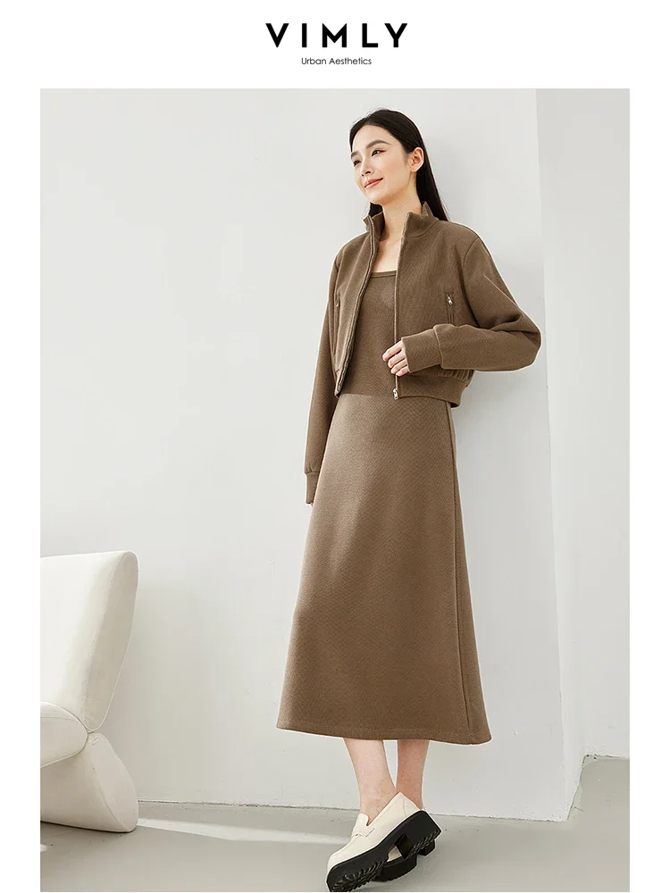 Vimly Casual Thick Sets for Women 2 Pieces Cropped Jacket Square Collar Midi Dress 2023 Winter Chic and Elegant Woman Set M5650