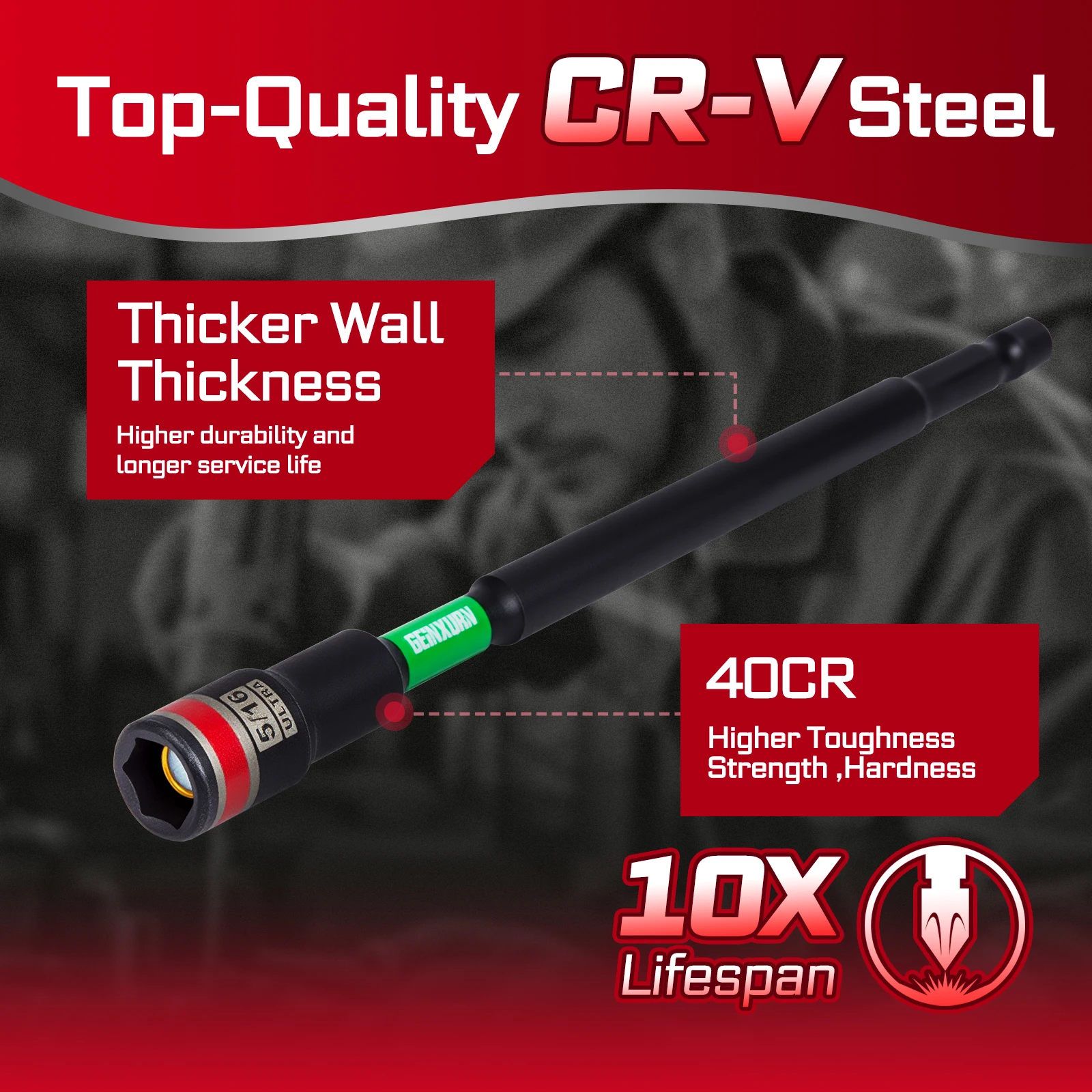 ชุดไดร์เวอร์ Geinxurn Impact Nut, ยาว 6 นิ้ว 8/10/13 มม. ชุดเซ็ตน็อตเมตริก 6 จุดโลหะผสม Stee พร้อมกล่องเก็บแบบพกพา