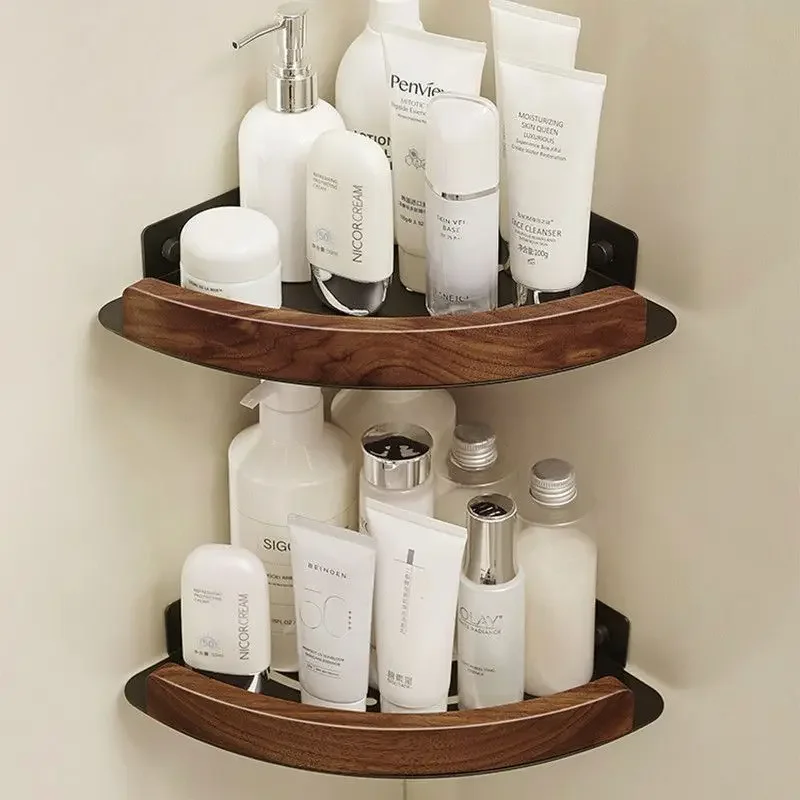 Japanese Style Home Walnut Bathroom Storage Rack Bathroom Foyer Shelves Wall Mounted Toilet Storage Holder Triangular Basket