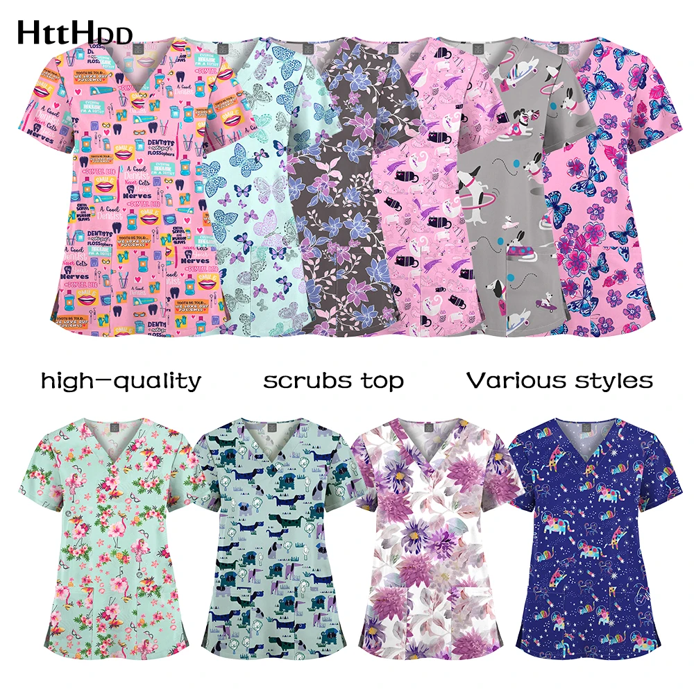 Wholesale Polyester Spandex Uniforms Beautiful Hospital Scrubs Tops Women Nurse Printed Scrub Top Healthcare Nursing Scrub Shirt