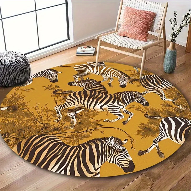Yellow Zebra Vintage Round Area Rug - 2D Printed Non-Slip Floor Mat for Bathroom Living Room & Office Decor, 1PC
