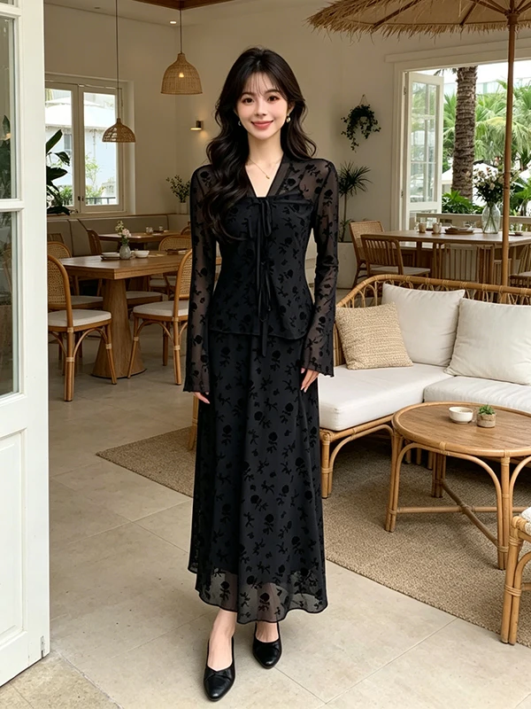 

Elegant Summer 2026 Women's Fashion Set High Waist Dress Lightweight Transparent Top Long Skirt Three-Piece Suit V-Neck