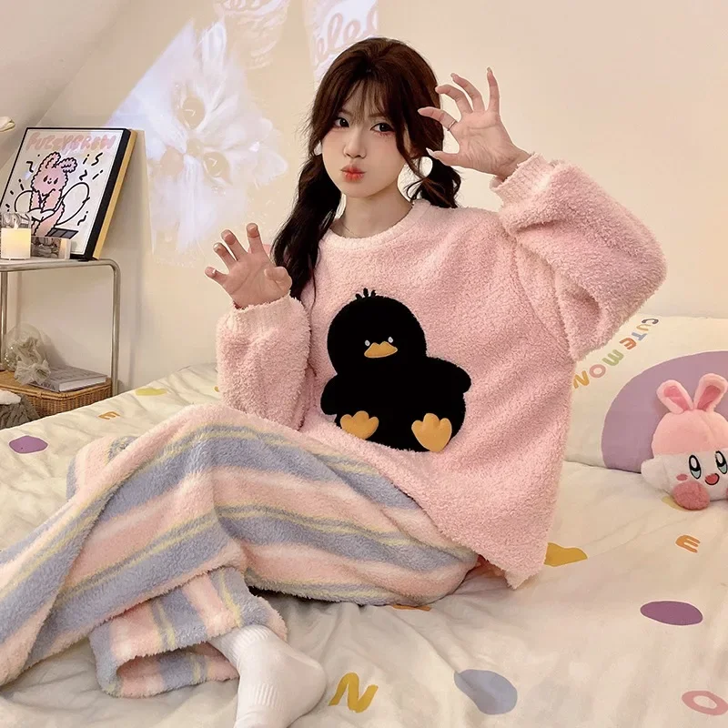 Pajama Sets Women Coral Fleece Plus Velvet Ins Cartoon Chic Slouchy Daily Winter Home Clothes Sweet Student Outfits Cozy Pyjamas