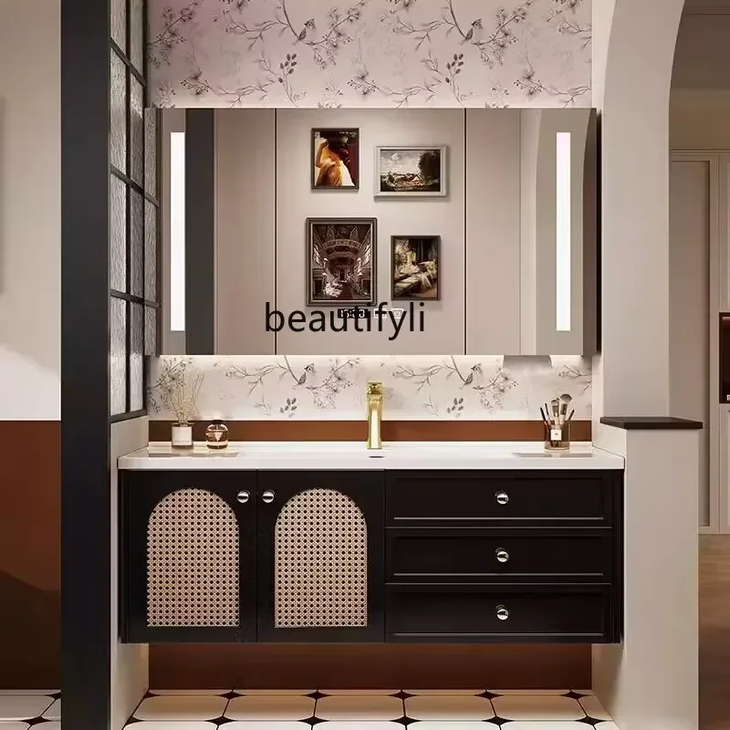 

B6 l French retro rattan oak bathroom cabinet combination ceramic basin sink sink bathroom cabinet