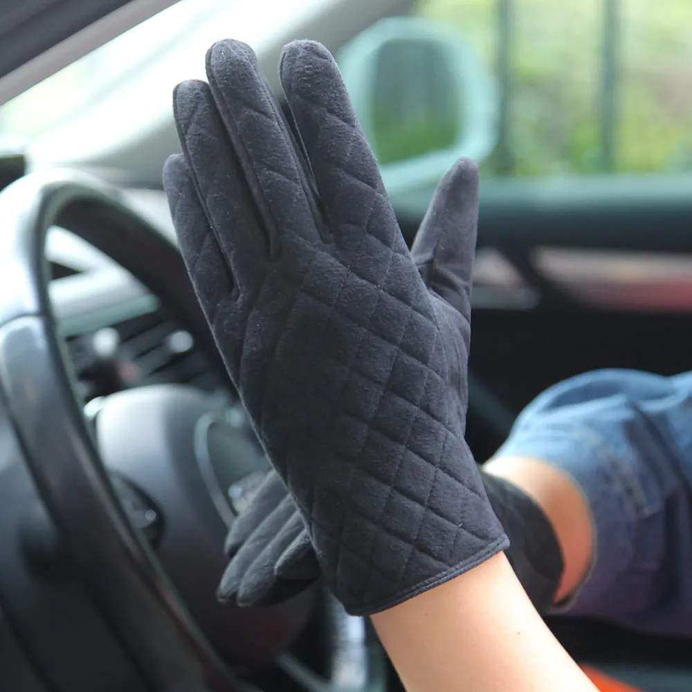 Touchscreen Women Gloves with Plush Lining Thickened Sheepskin Suede Diamond Lattice Design for Autumn Winter Driving Female