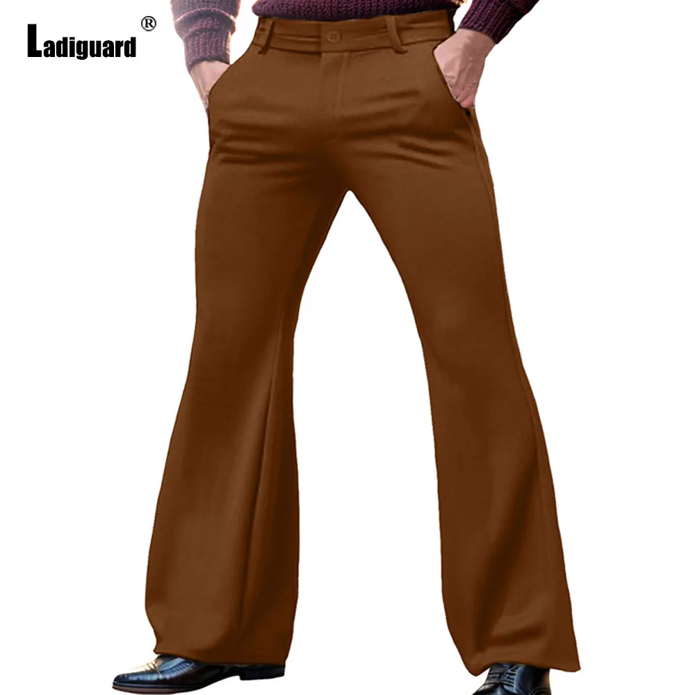 Ladiguard 2024 Male Stand Pocket Elegant Flare Pants Solid Khaki Soft Basic Trousers Plus Size Mens Fashion Buttons Up Pants New
