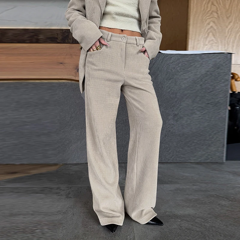 Damen-Hosenanzug 2-teilig, Cord, Stehkragen, seitliche Knopfleiste, Langarm-Mantel, Weite Hose, Herbst-Outfit, Neu – Detail 4