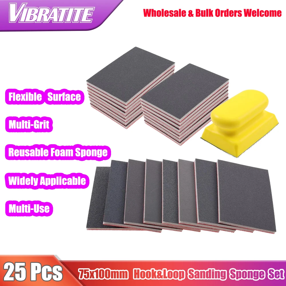 25Pcs 75x100mm Sanding Sponge Set 180-3000 Grit Assortment Reusable Foam Hand Sanding Block Dry&Wet for Metal Wood Drywall