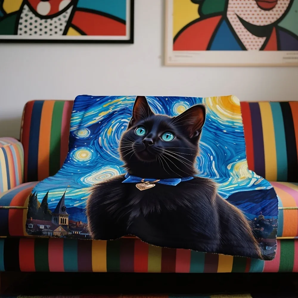 1pc Lightweight and Comfy Flannel Blanket with Van Gogh Cat Starry Night Design, Ideal for Home Leisure, Guest Beds
