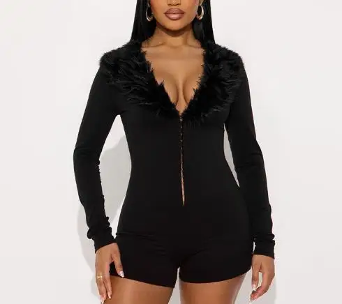 

Sexy Autumn Winter Deep Vneck Imitation Fur Collar Splicing Solid Color Long Sleeved Concealed Button Three Part Jumpsuit Women