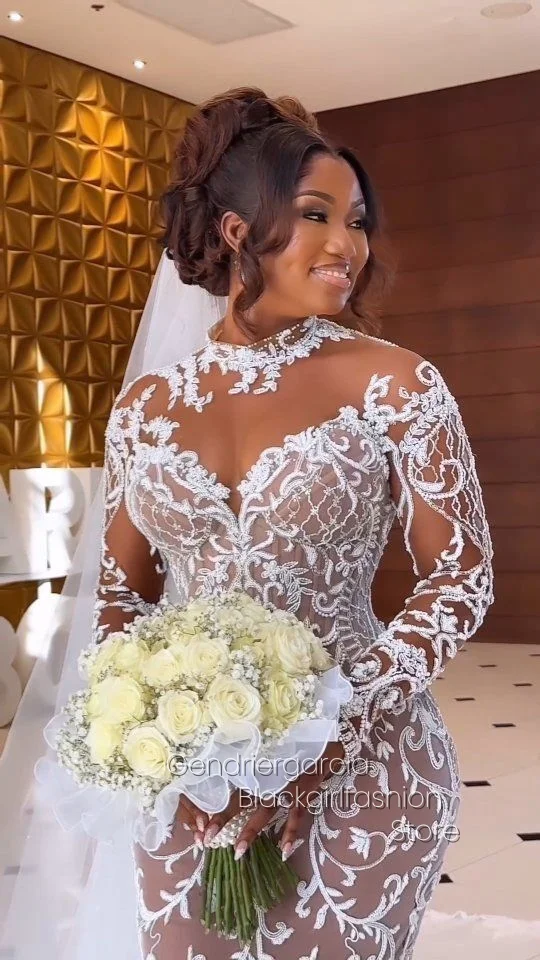 Vestido de casamento rabo de peixe de renda branca personalizado, gola redonda, manga comprida, plissado, diamantes cravejados, áfrica do sul, vestidos de noiva