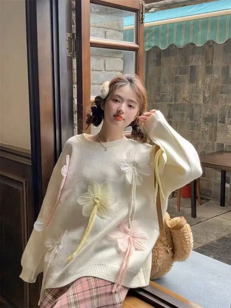Damen 2025, Winter, neue lockere Pulloverjacke, dreidimensionale Blumen, schönes Oberteil