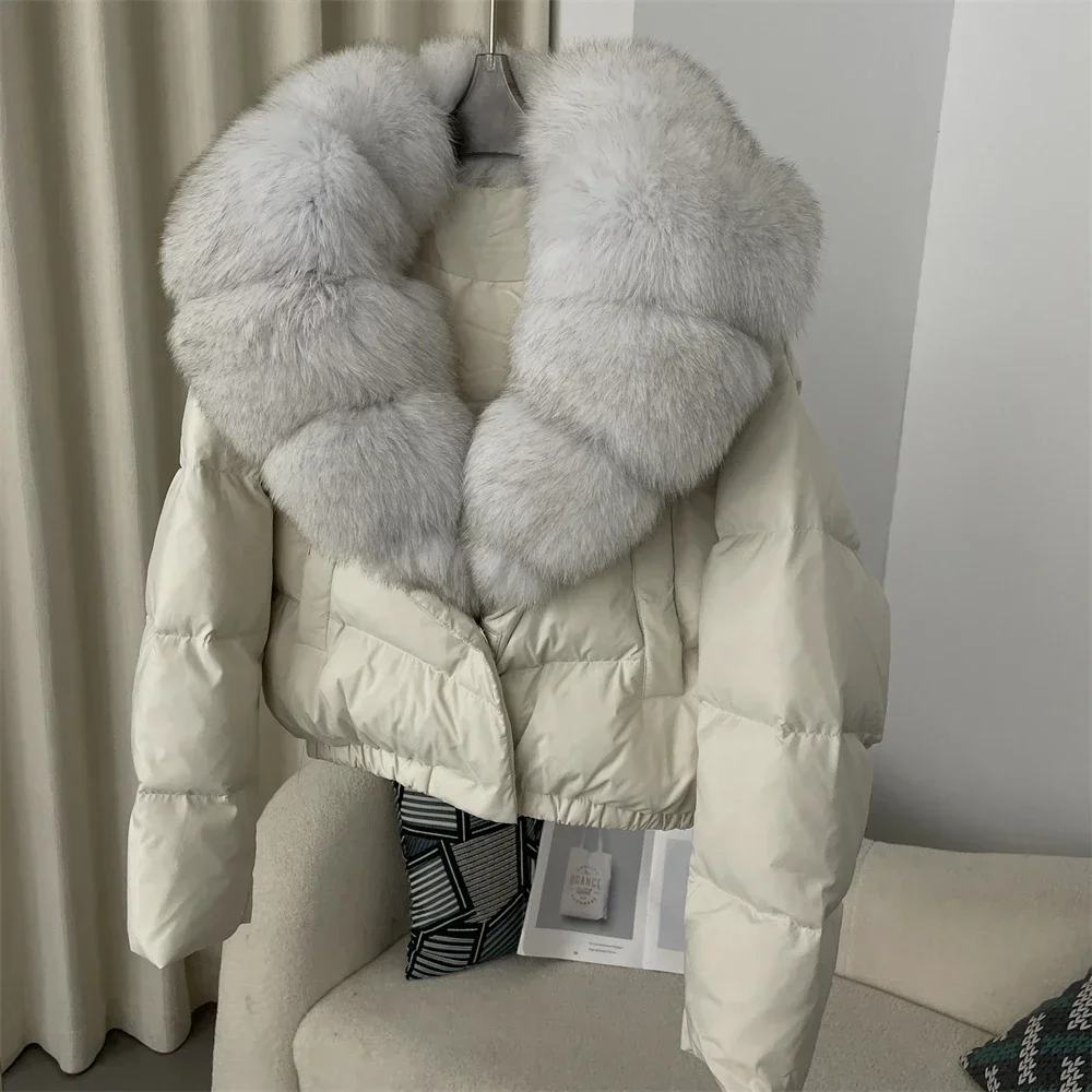 Short Puffer Jacket Thick New Big Natural Real Fox Fur Coat Down Coat Women Autumn Winter Female White Duck Down Coat Feather