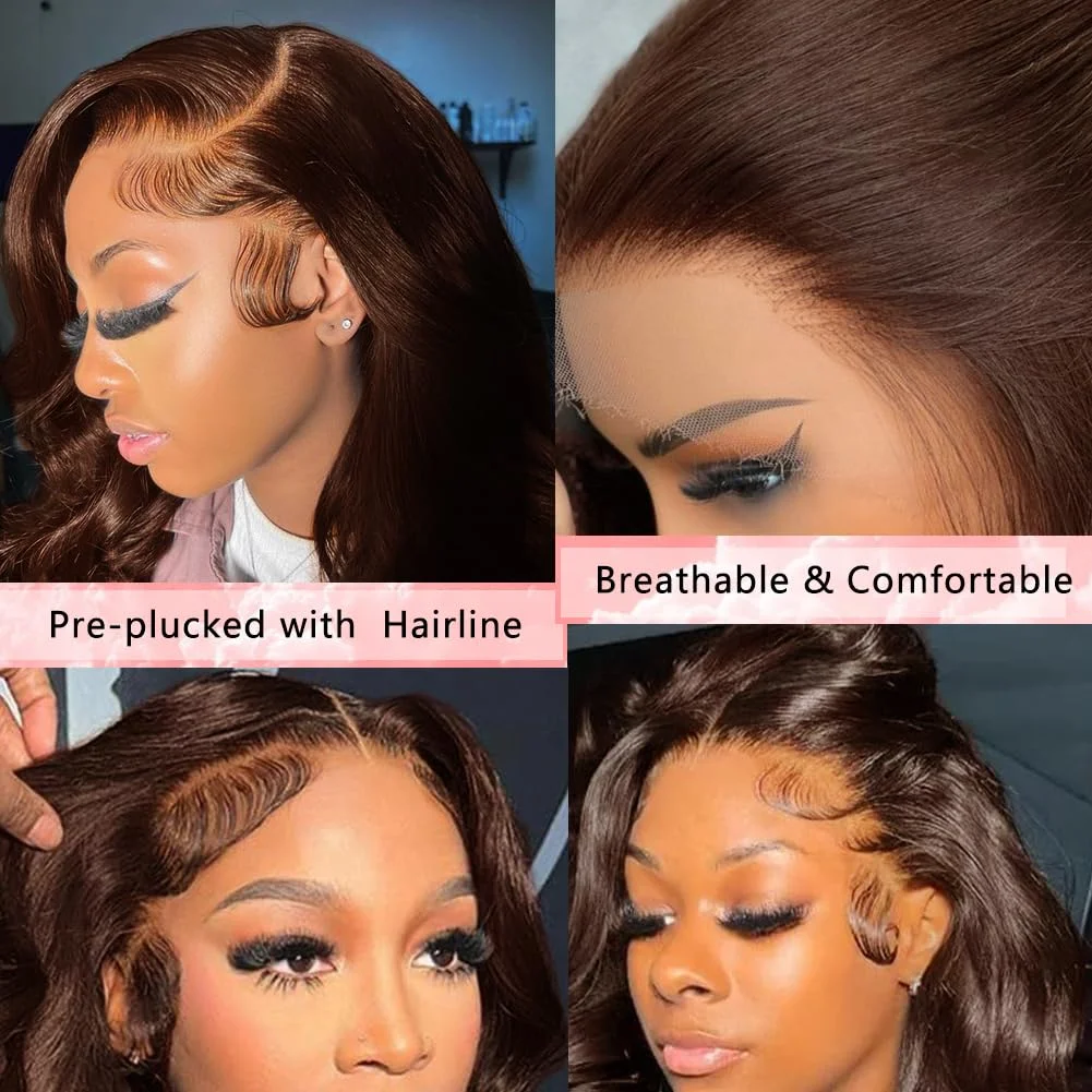 ช็อกโกแลตสีน้ําตาล Body Wave วิกผมผมมนุษย์สี 13x6 HD วิกผมลูกไม้ด้านหน้าด้านหน้า 100% ผมมนุษย์ Pre Plucked บราซิล 200% ความหนาแน่น