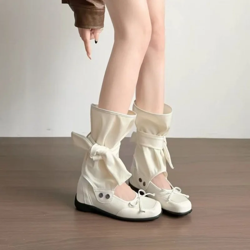 French Bow Ballet Single Shoes for Women 2026 Summer New Detachable Three-wear Hollow Stack Booties