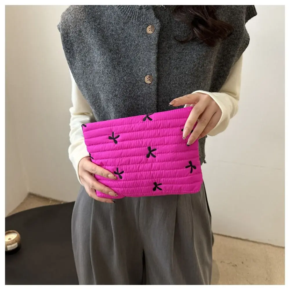 น่ารักผ้าฝ้ายแต่งหน้ากระเป๋าซิปขนาดใหญ่ความจุกระเป๋าเครื่องสําอางเย็บปักถักร้อยโบว์ล้างกระเป๋า