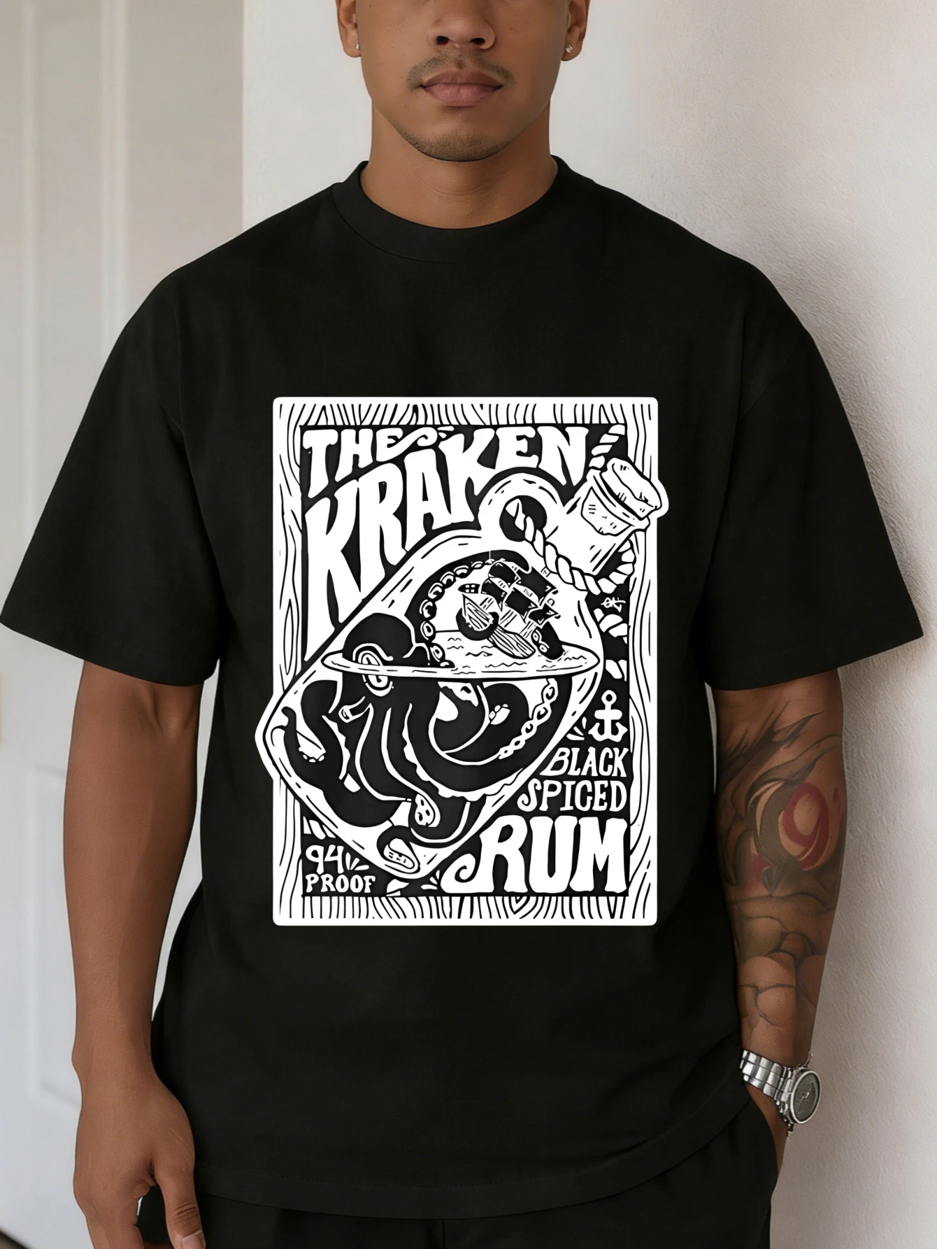 Camiseta de Manga Corta para Hombre, Estilo Urbano, Oversize, de Algodón, con Estampado Gráfico de Kraken y Ron Especiado Negro, Informal, de Verano, Regalo para Él