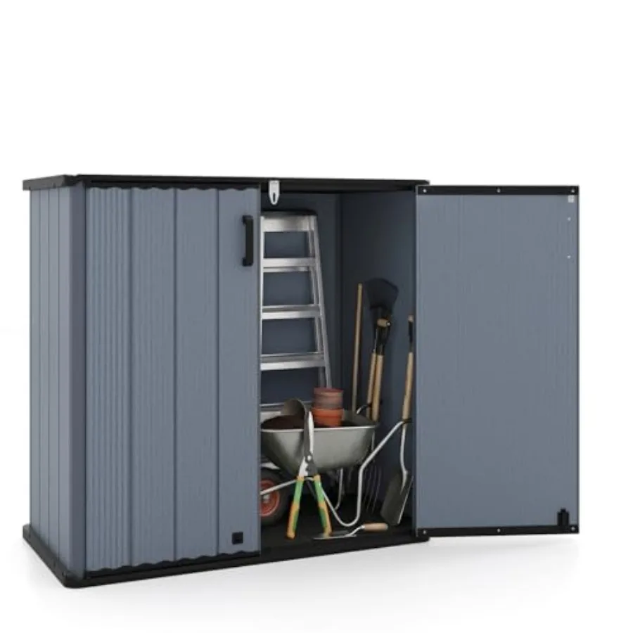 Outdoor storage shed for garden tools, weatherproof resin, gray, 23.5 cu.ft capacity with lockable door and waterproof design