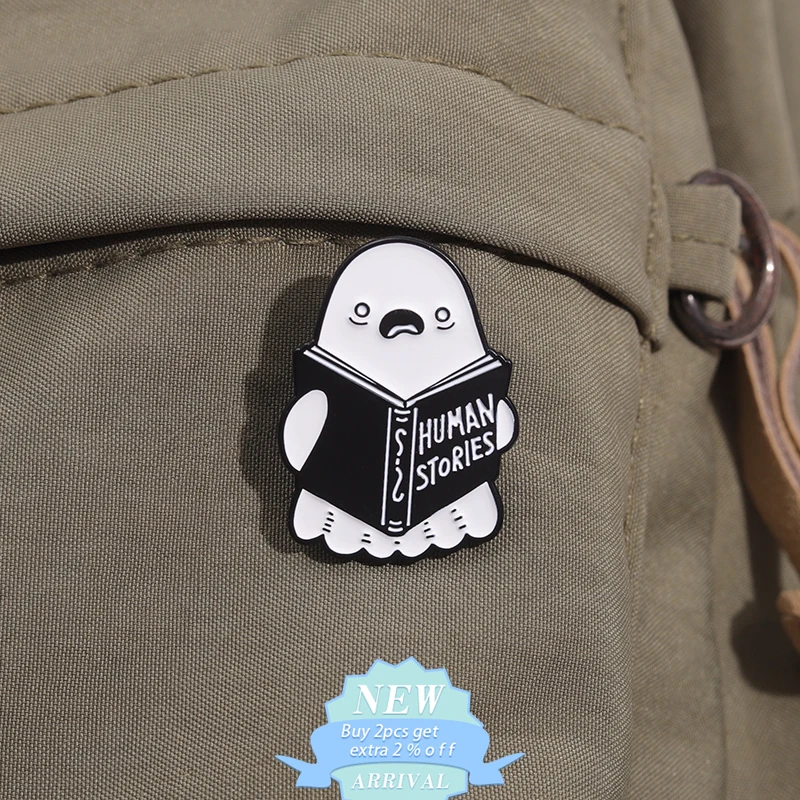 Bookworm Human Stories Boo Enamel Pin Funny Ghost Reading Metal Brooches Lapel Badge Halloween Jewelry Gift For Kids Friends