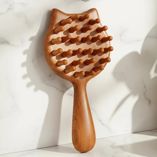 Sandalwood 28-Tooth Scalp Massage Comb Meridian Gua Sha Brush Head Body Scraping Hair Care Tool