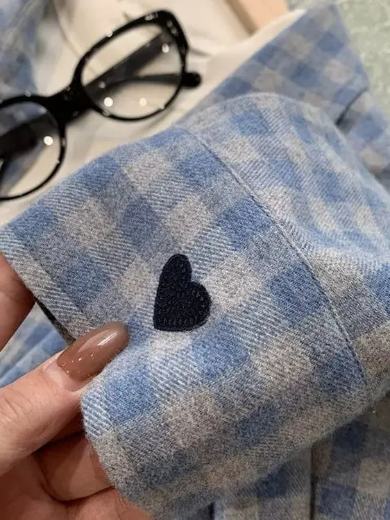 

Retro Lazy Style Thickened Cotton Flannel Warm Layering Blue Plaid Collar Women's Shirt Spring Autumn Loose Fit Long Sleeve