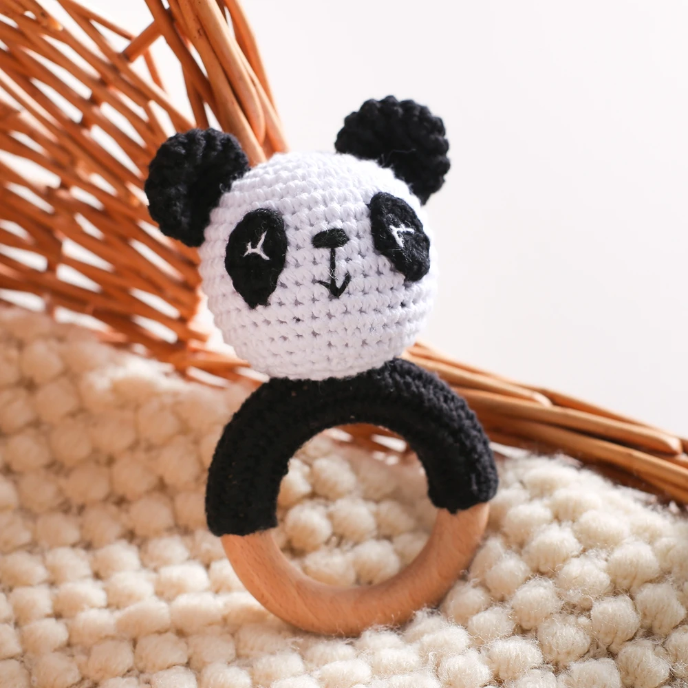 Let's Make Häkeln Tier Panda Rassel Spielzeug Schnuller Armband Holz Beißring Ring Baby Produkt Mobile Kinderwagen Krippe Holz Spielzeug Geschenke