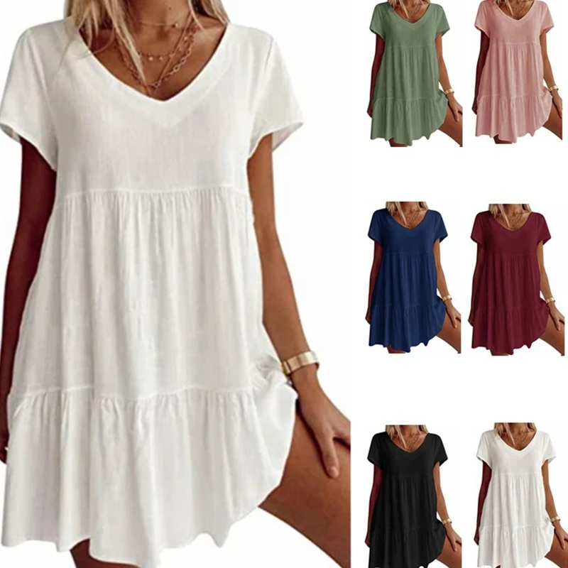 Women Short Sleeve Sexy V-Neck Swing Tunic Mini Dress Solid Color Pleated Ruffle Flowy Hem A-Line Casual Loose  Dropship