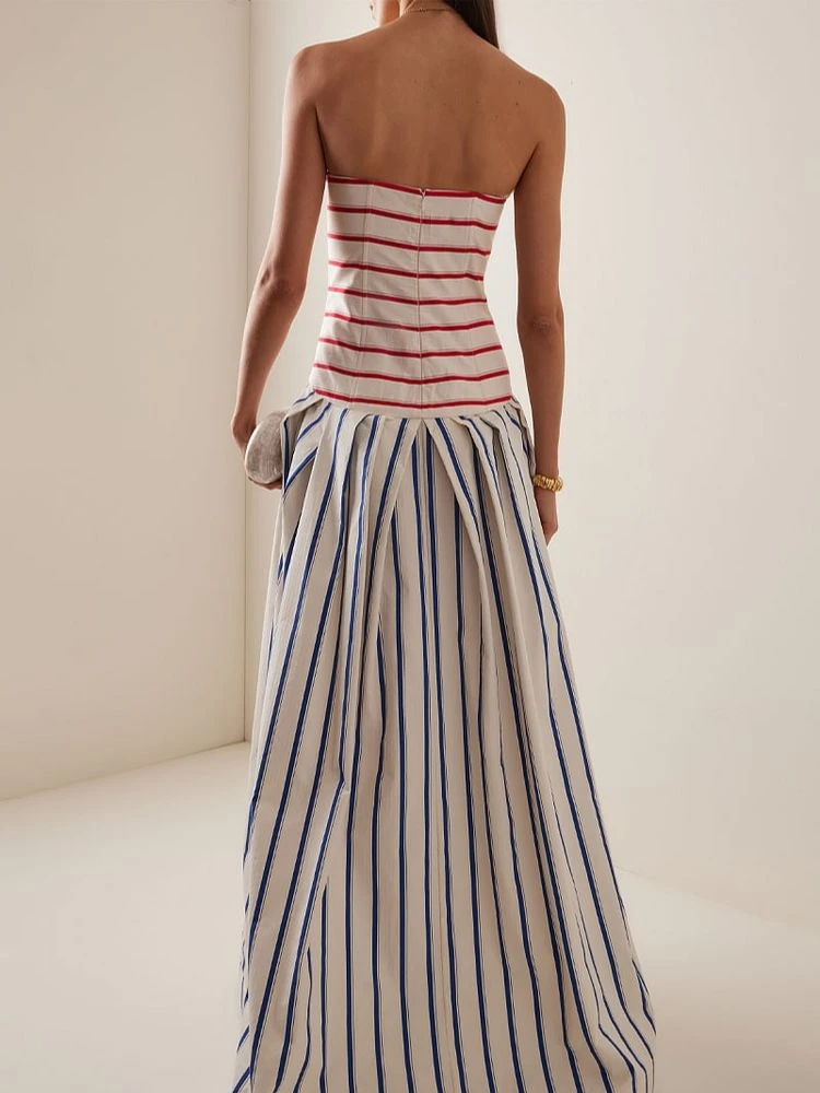 Flaxmaker 2025 Bandeau Striped Print Sling Maxi Dress Summer Off The Shoulder Party Vestidos Femme Holiday Dresses