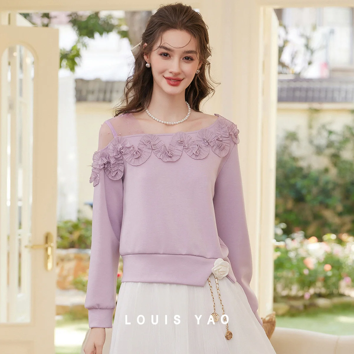 LOUIS YAO Sweet Irregular Neck Splice Sweatshirt 2026 Spring Elegant Hoodie 3D Flower Knitted Hem Slit Lace Women's Pullover