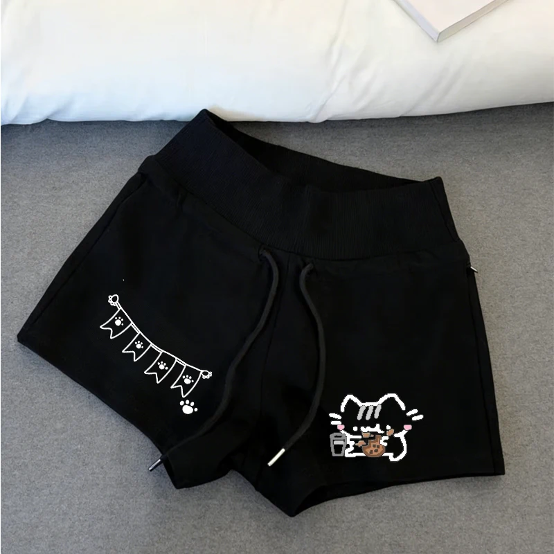 Cat Print Gray Women Shorts  Y2k House Shorts Student Summer Japanese Asian Culture Loose Casual Wide Leg Pants Women 's Clothe