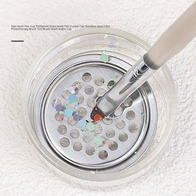 1 Stück Glas-Nagel-Glitzer-Bürstenbecher mit Deckel, Edelstahl-Mesh-Filterschicht für die Reinigung von Gel-Pinseln, multifunktional