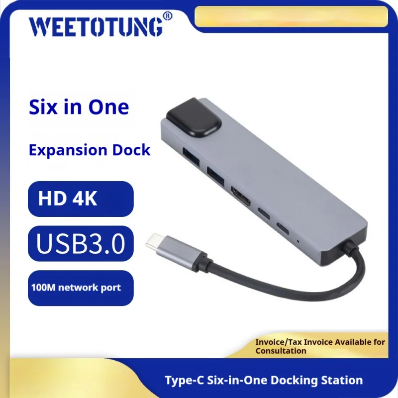 

6-in-1 Type-C Hub Docking Station, Type C to RJ45 100Mbps Ethernet Adapter, USB Hub with PD Charging for Laptop