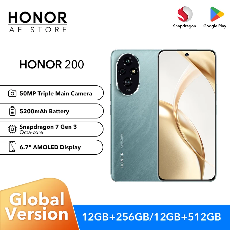 Smartphone HONOR 200 Snapdragon 7 Gen 3  Studio-level Port Camera 6.7''AMOLED Eye Comfort Display 5200mAh Silicon-carbon Battery