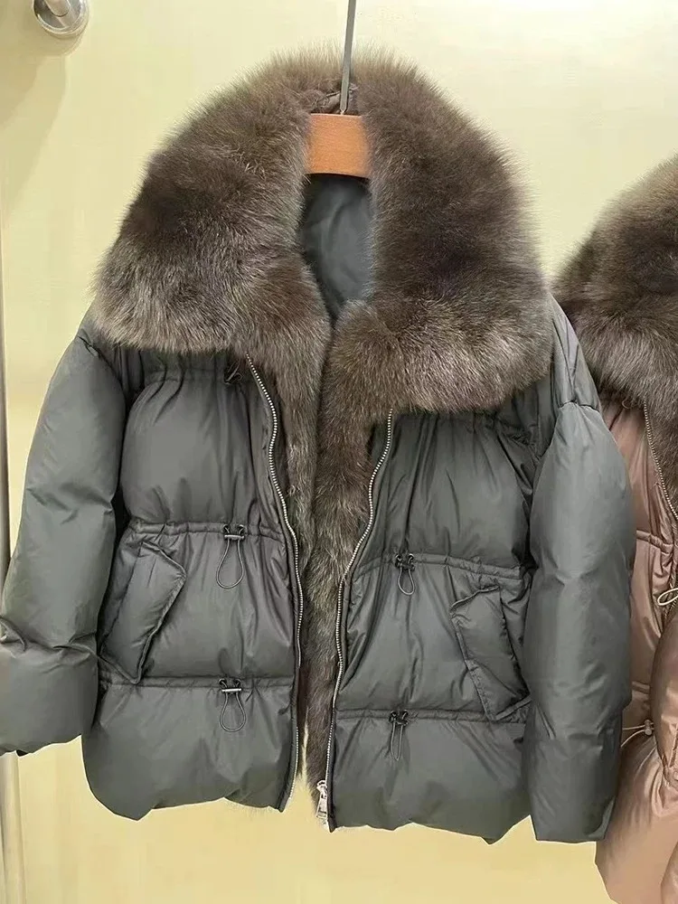 OFTBUY Piumino corto da donna Piumino invernale in vera pelliccia di volpe naturale con collo in piumino d'anatra bianco da donna addensato caldo sciolto