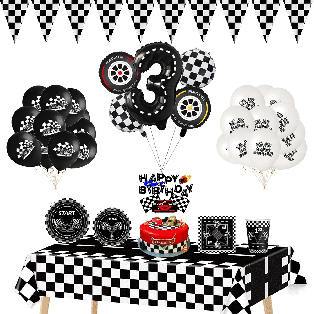 Racing Car Birthday Party Black White Checkered Tableware Pennant Banner for Boys Kids Formula 1 Race Party Decor Favors Gifts