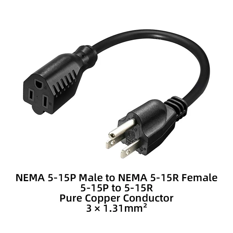 2PCS U.S. Standard Power Extension Cord: U.S. Specification Male-to-Female 3-Prong, 3-Socket Extension Cord, 5-15P to 5-15R