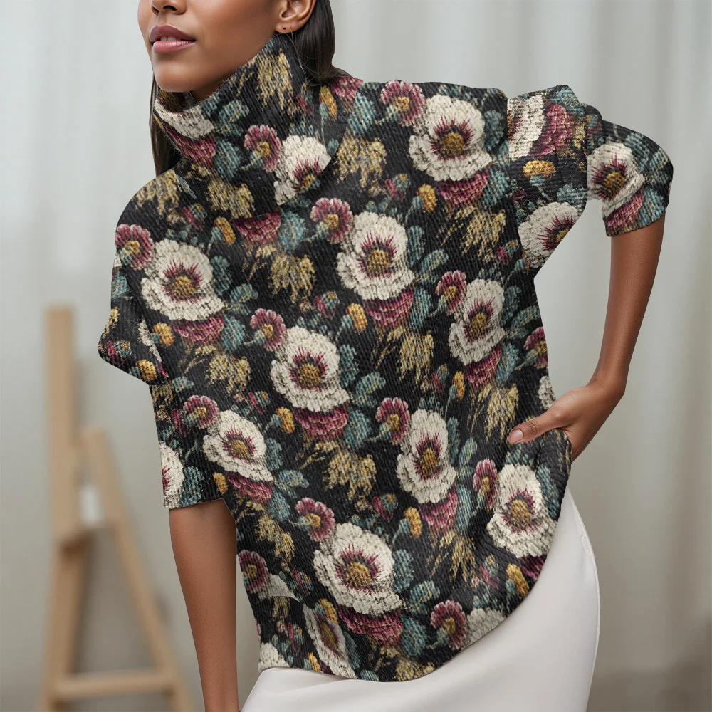 Lichtgekleurde bloemenelementen Coltrui Trui met lange mouwen Casual damestrui met fris blad- en bloemenpatroon